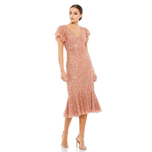 New Mac Duggal Sz 14 Pink Rose Gold Flutter Sleeve V-Neck Sequin Midi Dress - Picture 1 of 8